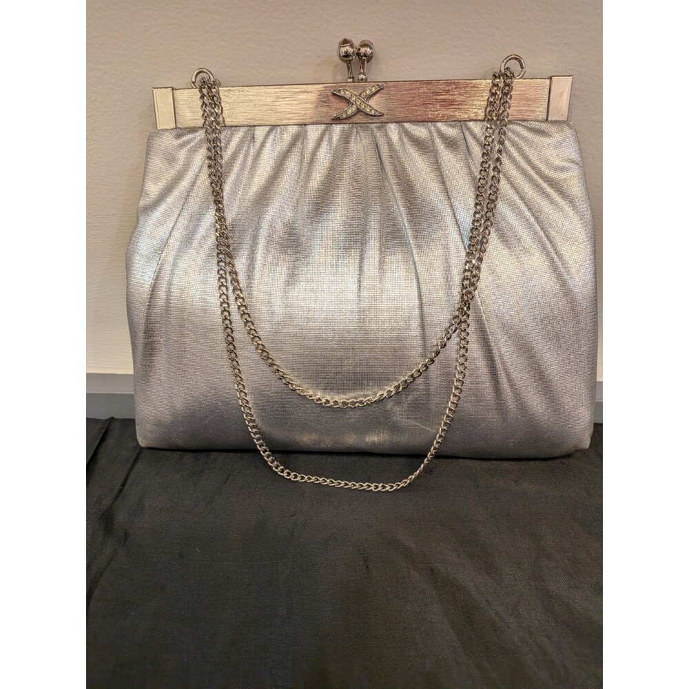 Vintage HL Silver Metallic Pleated Clutch Kiss Lock w/ Chain Strap & Coin Purse